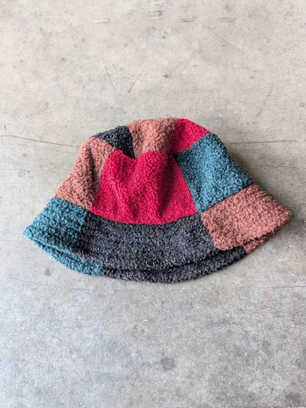 Urban Outfitters Sherpa Patchwork Bucket Hat Green Red Brown Black one size